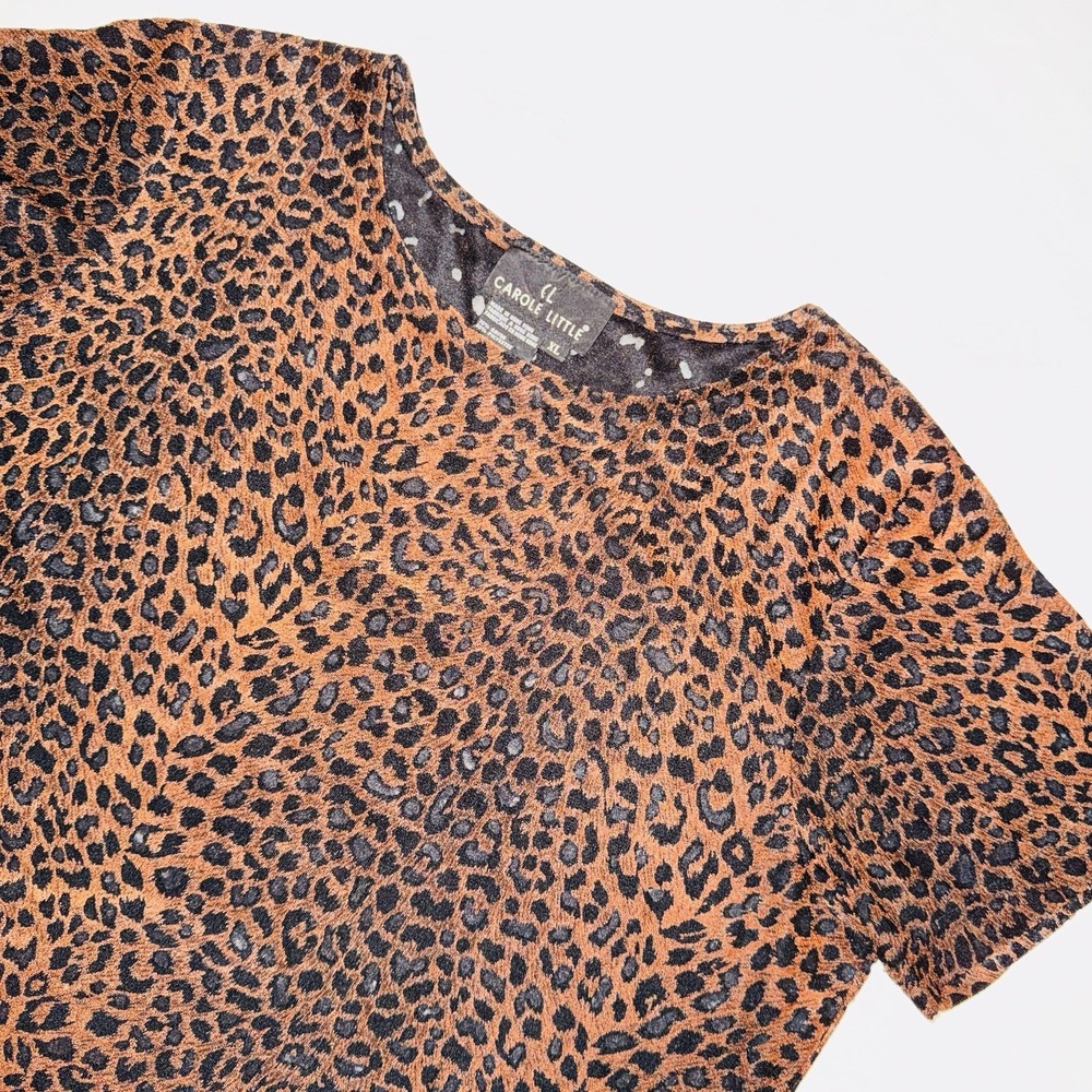 Vintage 90s Carole Little Leopard Animal Print Top XL Sheer Knit Short Sleeve